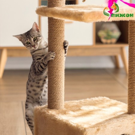 House for cats with a claw, with two shelves, jute, 37 x 37 x 111 cm, beige-2
