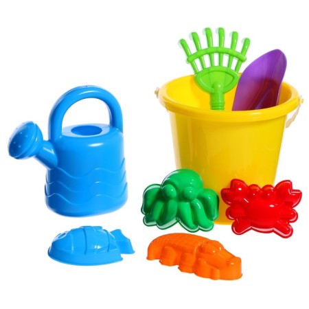 Set for playing in sand No. 32: Big bucket, scoop, rake, 4 molds, watering can-3