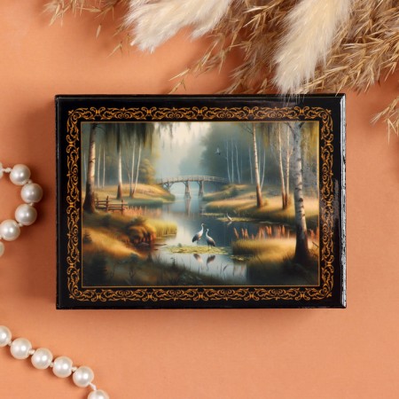 The casket "Par of the Cranes", black, 8 × 10.5 cm, lacquer miniature-2