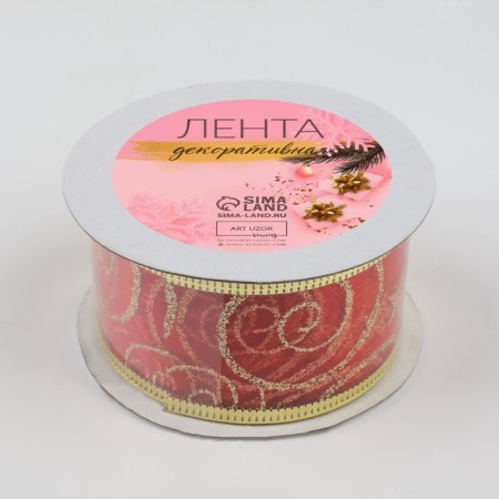 Kapron tape with metal thread "monogram", 38 mm × 2.7 ± 0.5 m, red/gold color-1