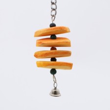 A toy for birds with a karakatitsa carapace and beads, 18 x 6 cm, yellow