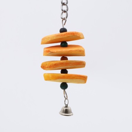 A toy for birds with a karakatitsa carapace and beads, 18 x 6 cm, yellow