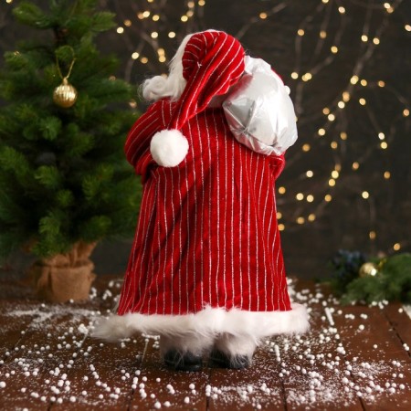 Santa Claus "in a striped fur coat, flashlight and gifts" 47 cm, white-red-2
