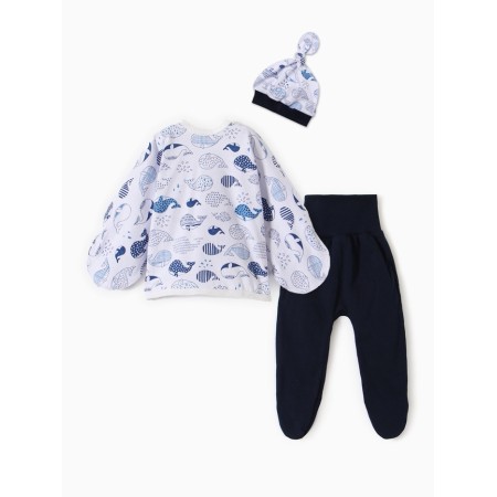 A set for a newborn (hat/blouse/slider) "whales", white/blue color, height 56 ​​cm-5