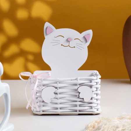 Basket wicker from the vine "cat" 12.5x9x16.5 cm MDF, white-pink-1
