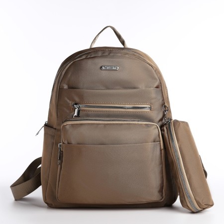 A backpack with a zipper, 5 outer pockets, pencil case, beige color-2