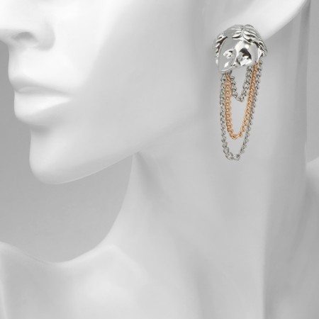 Earrings Metal "Faces" chains, color silver with gold-3