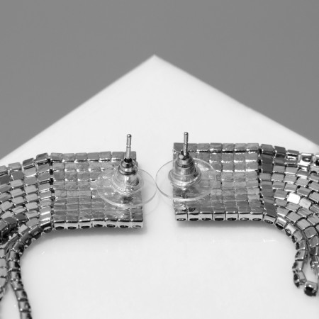 Hanging earrings with rhinestones "Waterfall" on a square, black color in silver, 11 cm-4