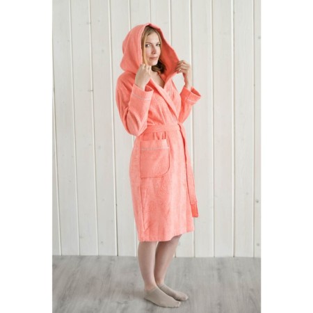 Women's bathrobe with a hood, size 56, coral, mahra