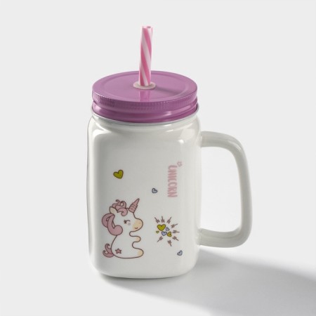 Ceramic mug with a metal lid and a unicorn tube, 450 ml, color mix