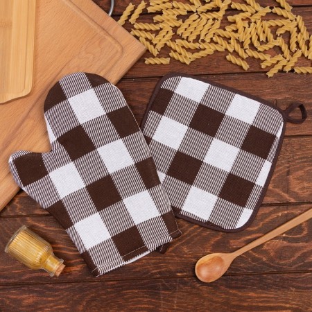 Set of kitchen shade "Cell": mittens 20x27 cm, take 19x19 cm, 100% cotton