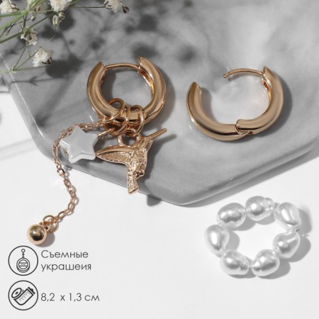Earrings with the removable element "Transformer" bird, white color in gold