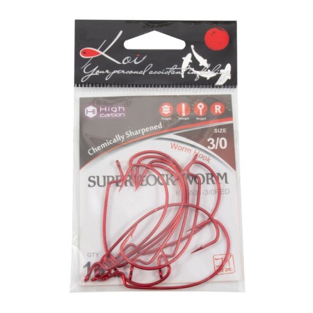 The hook KOI Super Lock Worm, size 30 Ints, Red color, offset 10 pcs.-3