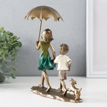 Polystone souvenir "Children walk under an umbrella, with a puppy" Bronze 18x9.5x21.5 cm-2