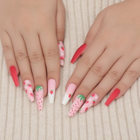 Follow nails "Strawberry", 12 pcs, with adhesive plates, ballerina shape, multi -colored-8