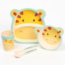 A set of children's dishes from the giraffe bamboo, 5 items: plate, bowl, glass, cutlery