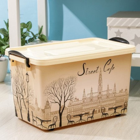 Storage container with a street cafe lid, 35 l, 50.5 × 31.5 × 28 cm, on wheels, ivory color-1