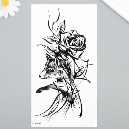 Tattoo on the body Black Fox and Rose 11.5x21 cm