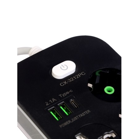 Удлинитель 3 евро + 2 унив.роз, 2м, 1300 Вт, 3х0.75 мм2, 2 USB-A+USB-C, 2.1А, c з/к, с выкл. 10534-1