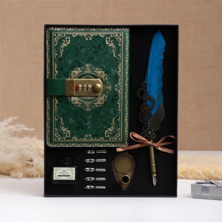 Gift set 4V1 "steampunk": notebook, blue feathers of blue, ink, tips-1