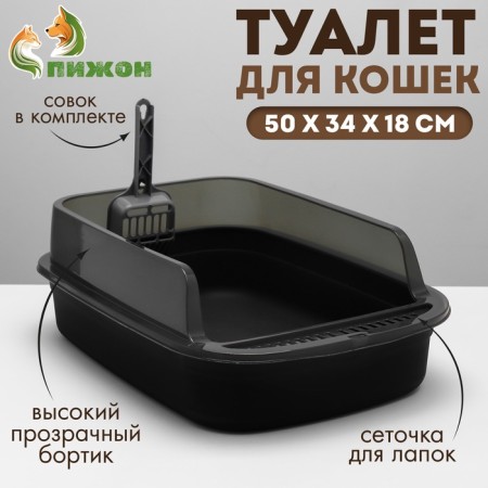 Toilet with transparent sides with a scoop and filter, 50 x 34 x 18 cm, black