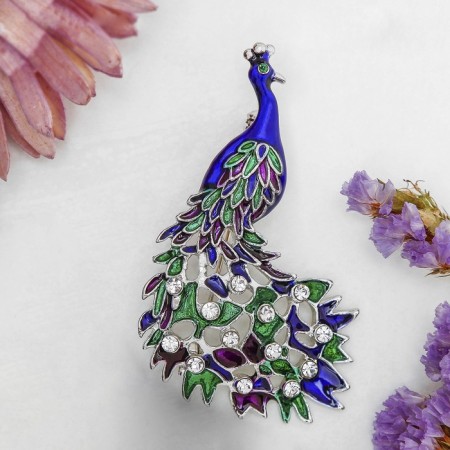 Brooch "Luxurious peacock" color in silver-2