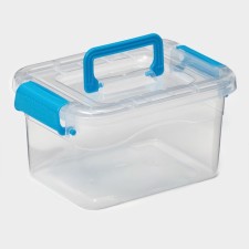 Storage container, cover with a handle on the latch, plastic, 1.35 l, 18.5 × 13 × 9.7 cm, transparent/blue