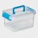 Storage container, cover with a handle on the latch, plastic, 1.35 l, 18.5 × 13 × 9.7 cm, transparent/blue