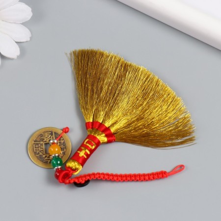 Textile suspension, metal "Golden broom with a coin. Hieroglyph - happiness" 14.5 cm-2