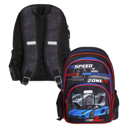 School backpack 38 x 27 x 17, ergonomic back, Devente Attomex Basic, Speed ​​Zone "Black 70333441