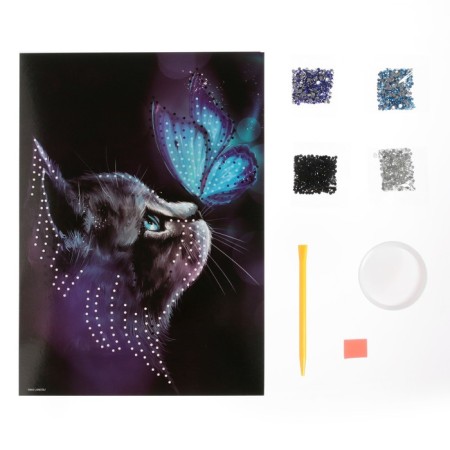 Diamond mosaic with a partial filling on a cardboard basis “Cat and butterfly”, 21 x 30 cm-2