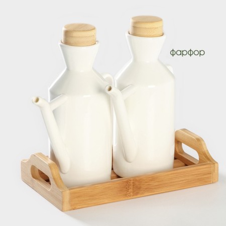 Porcelain sauces containers on a bamboo stand Bellatenero, 3 objects: 2 saucepan 420 ml, stand 17 × 7.2 × 17 cm, white color-2