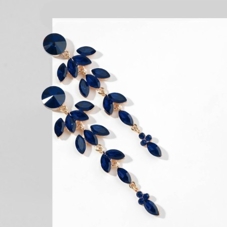 Hanging earrings with rhinestones "bun" deciduous, blue in gold, 9.5 cm-3