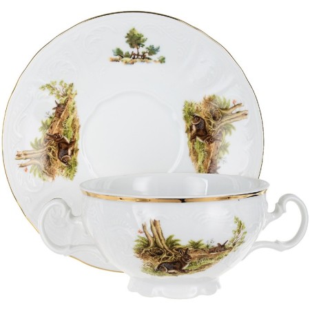 A cup with a saucer for the Bernadotte broth, decor "Hunting plots"