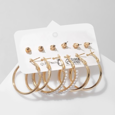 Road earrings set 6 pairs "Youth" pearls, white color in gold, d = 3-2