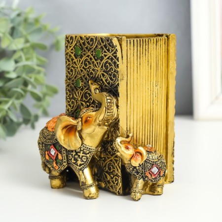 Souvenir Polystone Pencil "Elephant and Elephant in the Popone with Flower" Bronze 8.5x9x11.5 cm