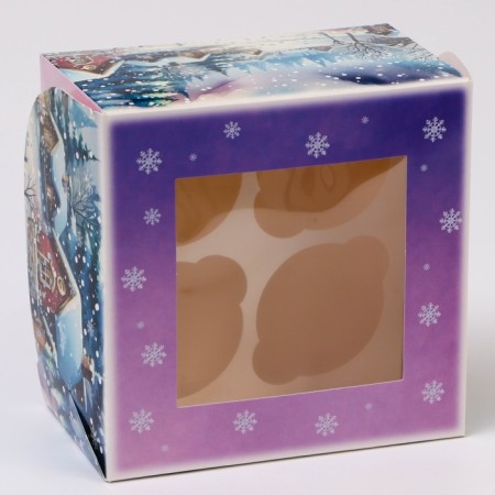 New Year. Box for 4 cupcake with the window "Winter village", 16 x 16 x 10 cm, packaging-2
