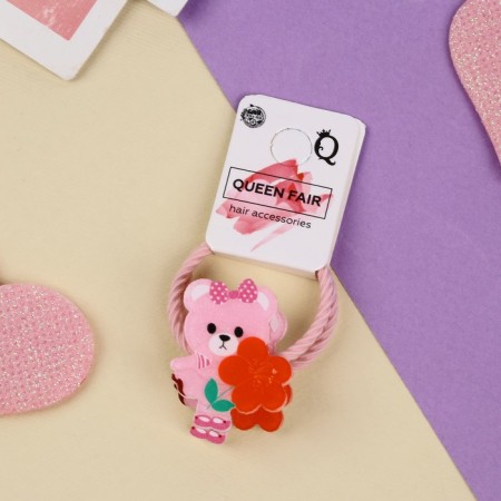Hair elastic band "Glossy Glice" (set 2 pcs) Bear with a flower, 3 cm, pink