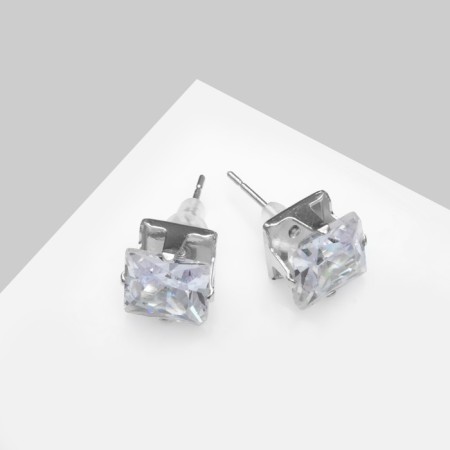 Earrings with rhinestones "Pusets" radiance, square, d = 0.8, white color in silver-3