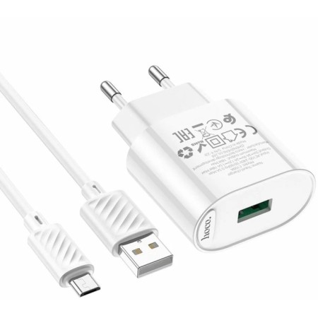 Network charger Hoco C109A, 1 USB, 18 W, QC, Micro USB cable - USB, 1 m, white