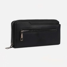 Male purse with zipper, department for bills, for maps, for coins, black color