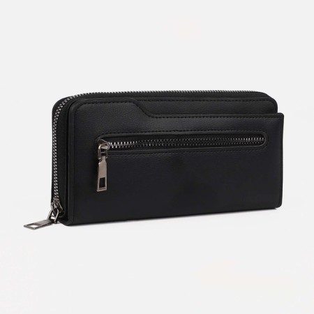 Male purse with zipper, department for bills, for maps, for coins, black color