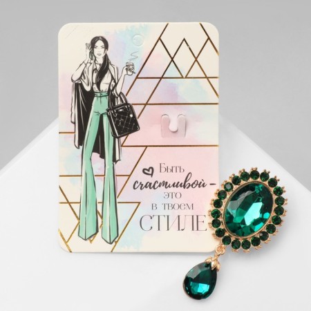 Obval brooch with a drop, green color in gold-1