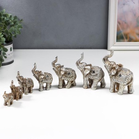 Souvenir Polystone "Elephants Silver Popon" set 7 pcs h = 12; 10.5; 9.5; 8; 7; 6; 5 cm