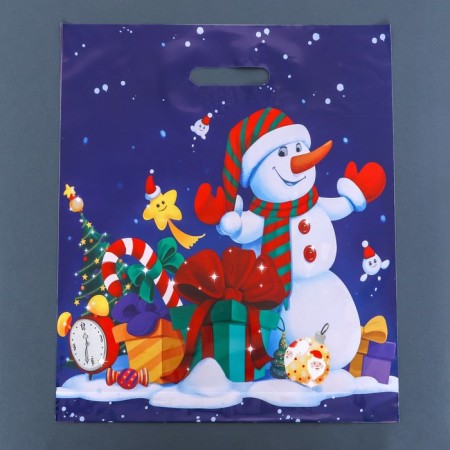 New Year. Package "Snowman with Gifts", polyethylene gloss with a cut pen, 38x44.5 cm.