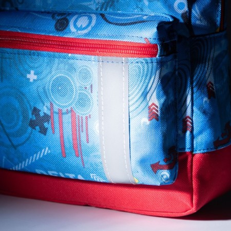 Baby backpack on a zipper, an external pocket, a reflective strip, blue color-5