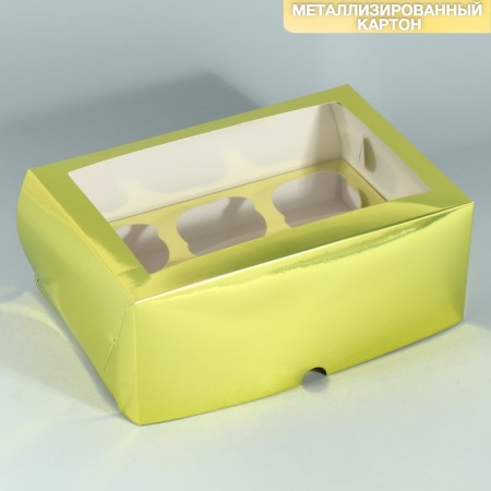 Capcake box, confectionery packaging with a window, 6 golden cells, 25 x 17 x 10 cm-1