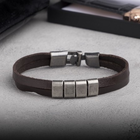 Bracelet Leather "Mulan" 4 links, brown color in black silver, l = 20.5 cm-4