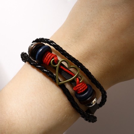 Bracelet Leather "Style" Heart, Black-red color, D = 7 cm-3