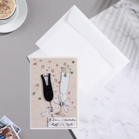 Postcard "On the Day of Wedding!" Handmade, glasses, 11.5x17 cm-1